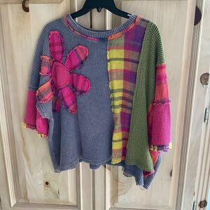 Oli & Hali Patchwork Lightly Distressed Daisy Knit Top w Multicolor Trim SzS $50